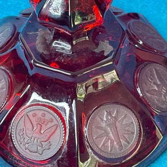Vintage Fostoria Ruby Red Glass Coin Covered Wedding Bowl/Candy Dish w/Lid. - Picture 9 of 13